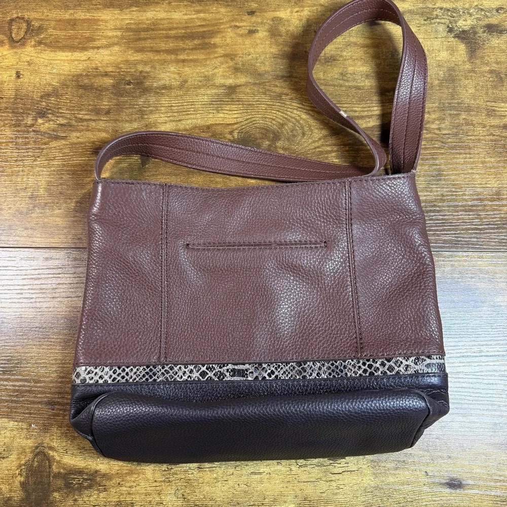 The Sak Deven Brown Pebbled Leather Snakeskin Trim‎ Crossbody Bag Medium Womens